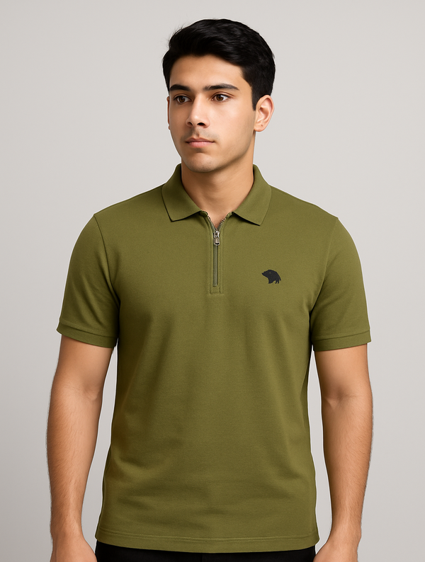 Olive Green Men’s Zip Polo Shirt